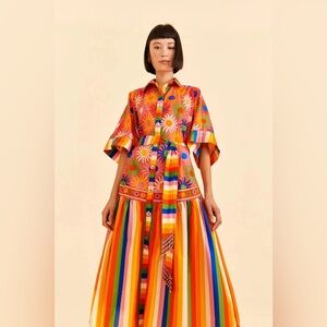 FARM Rio coral mixed graphic macaws midi dress